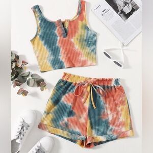 Tie Dye Rib-Knit Crop Tank Top & Paperbag Waist Cuffed Shorts Set